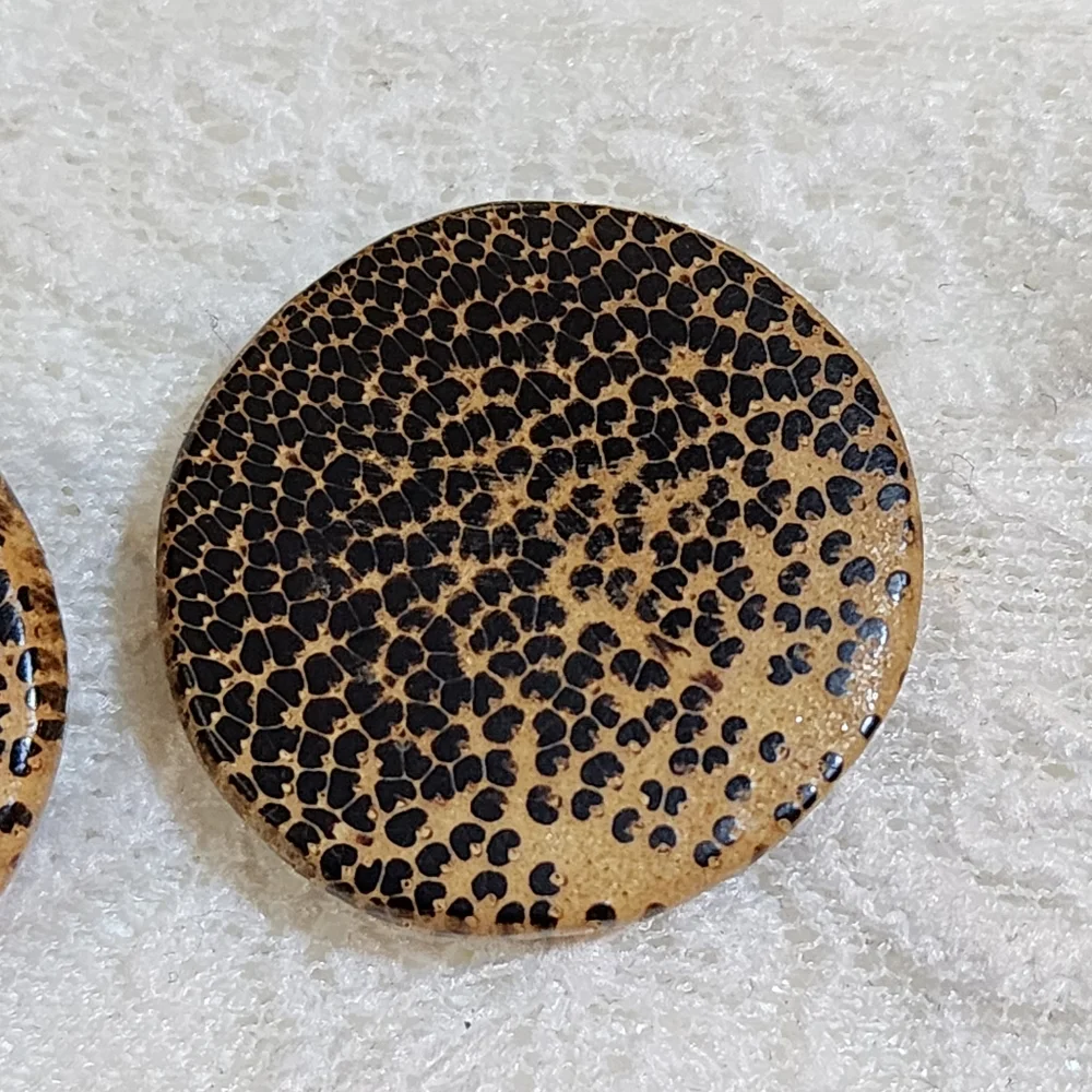 Vintage Round Wooden Animal Print Tan and Black Pierced Earrings